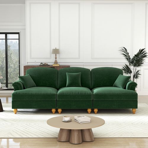 Canapé 3 Places 272x83.5x93cm, Jupe Plissée Amovible Pour Deux Styles, Tissu Chenille, Vert