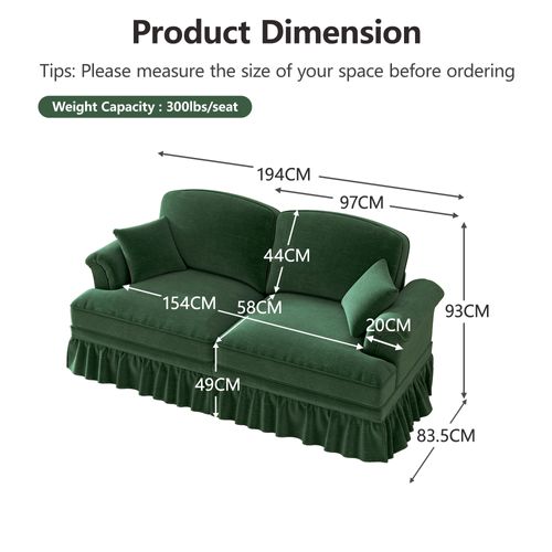 Canapé 2 Places 194x83.5x93 Cm, Jupe Amovible Deux Styles, Chenille, Vert