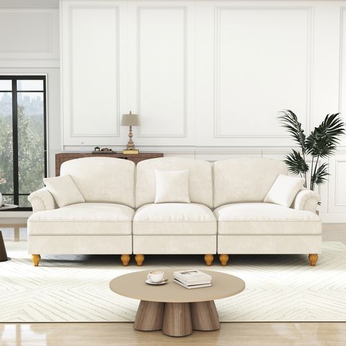 Canapé 3 Places 272x83.5x93cm, Jupe Plissée Amovible Pour Deux Styles, Tissu Chenille, Blanc