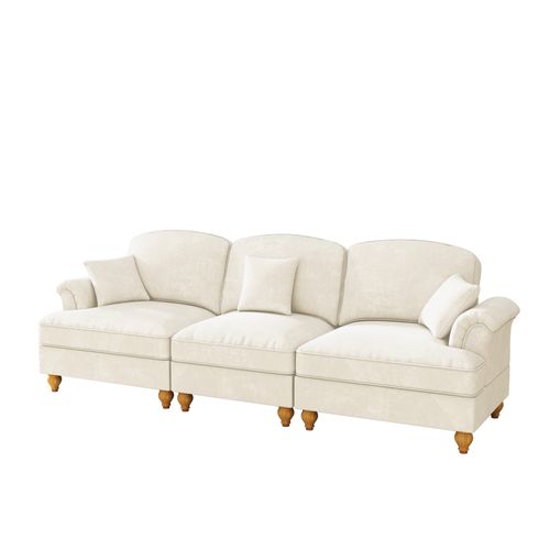 Canapé 3 Places 272x83.5x93cm, Jupe Plissée Amovible Pour Deux Styles, Tissu Chenille, Blanc