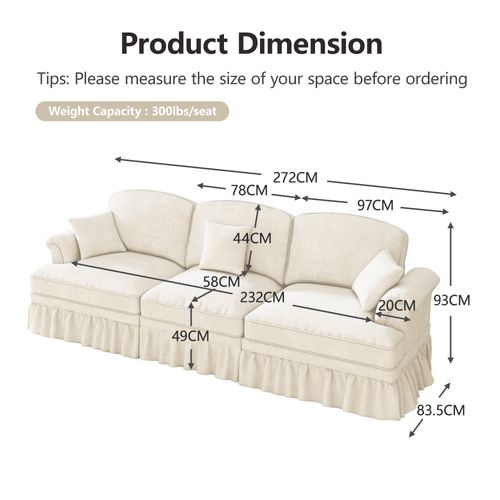 Canapé 3 Places 272x83.5x93cm, Jupe Plissée Amovible Pour Deux Styles, Tissu Chenille, Blanc