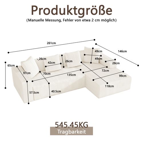Canapé Modulable En L 3 Places, Profondeur Siège 70 Cm, Mousse Mémoire, Velours Côtelé, Blanc