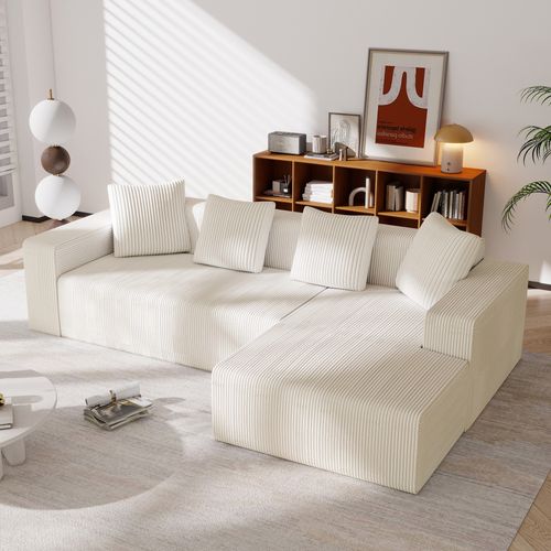 Canapé Modulable En L 3 Places, Profondeur Siège 70 Cm, Mousse Mémoire, Velours Côtelé, Blanc