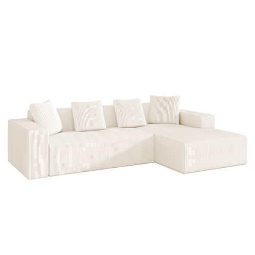 Canapé Modulable En L 3 Places, Profondeur Siège 70 Cm, Mousse Mémoire, Velours Côtelé, Blanc