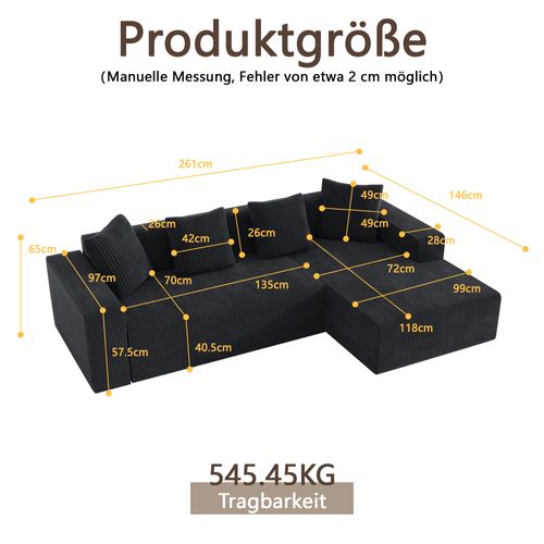 Canapé Modulable En L 261x146x65 Cm, Profondeur D'assise 70 Cm, Velours Côtelé, Couleur Noire