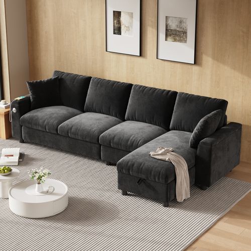 Canapé D'angle Moderne 4 Pl 280x137x84 Cm, Rangement, Coffre, Ports USB, Type C, Chenille Gris