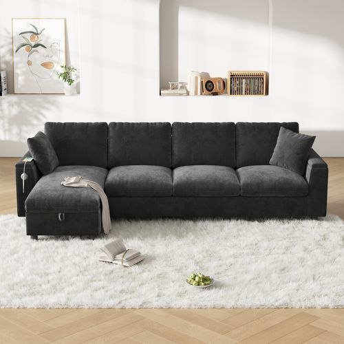 Canapé D'angle Moderne 4 Pl 280x137x84 Cm, Rangement, Coffre, Ports USB, Type C, Chenille Gris