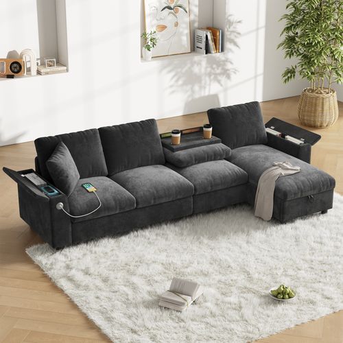 Canapé D'angle Moderne 4 Pl 280x137x84 Cm, Rangement, Coffre, Ports USB, Type C, Chenille Gris