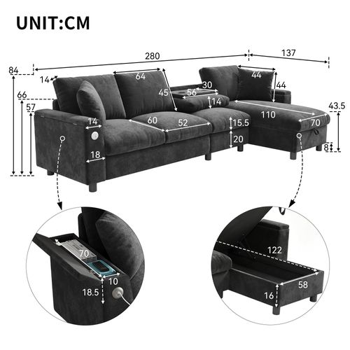 Canapé D'angle Moderne 4 Pl 280x137x84 Cm, Rangement, Coffre, Ports USB, Type C, Chenille Gris