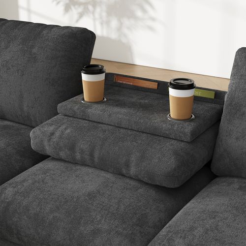 Canapé D'angle Moderne 4 Pl 280x137x84 Cm, Rangement, Coffre, Ports USB, Type C, Chenille Gris