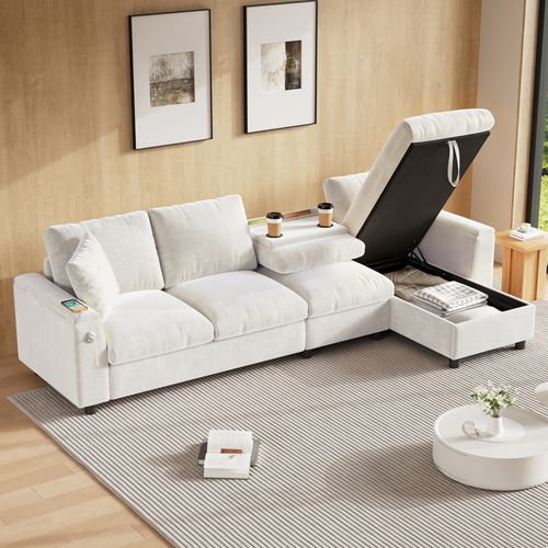 Canapé D'angle Moderne 4 Pl 280x137x84 Cm, Rangement, Coffre, Ports USB, Type C, Chenille Beige