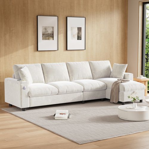 Canapé D'angle Moderne 4 Pl 280x137x84 Cm, Rangement, Coffre, Ports USB, Type C, Chenille Beige