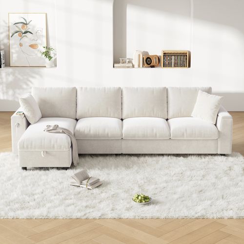 Canapé D'angle Moderne 4 Pl 280x137x84 Cm, Rangement, Coffre, Ports USB, Type C, Chenille Beige