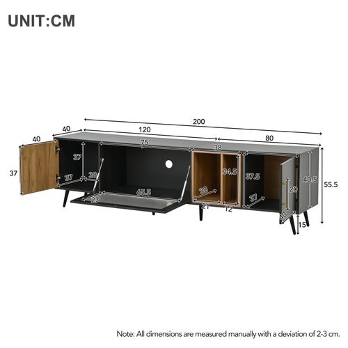 Meuble TV Moderne 200x40x55,5 Cm, Motif Bois, Rangement, 3 Portes, 2 Niches, Mdf, Gris, Marron
