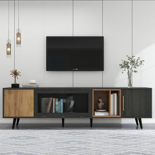 Meuble TV Moderne 200x40x55,5 Cm, Motif Bois, Rangement, 3 Portes, 2 Niches, Mdf, Gris, Marron
