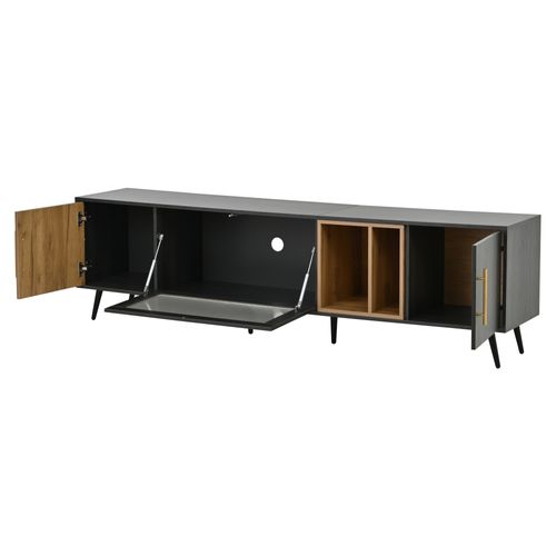 Meuble TV Moderne 200x40x55,5 Cm, Motif Bois, Rangement, 3 Portes, 2 Niches, Mdf, Gris, Marron