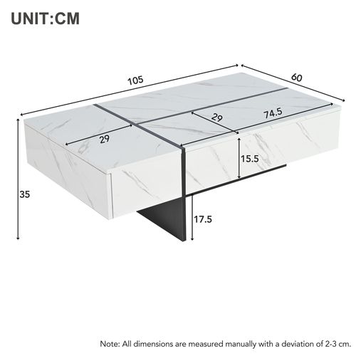 Table Basse 105x60x35 Cm, LED, 3 Tiroirs, Plateau Laqué Avec Motif De Marbre En Mdf, Blanc+noir