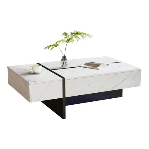 Table Basse 105x60x35 Cm, LED, 3 Tiroirs, Plateau Laqué Avec Motif De Marbre En Mdf, Blanc+noir