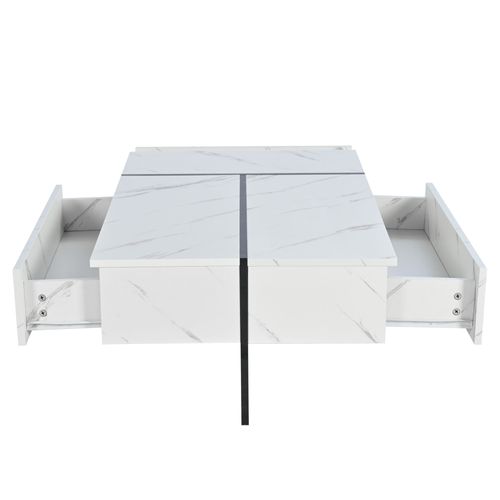 Table Basse 105x60x35 Cm, LED, 3 Tiroirs, Plateau Laqué Avec Motif De Marbre En Mdf, Blanc+noir