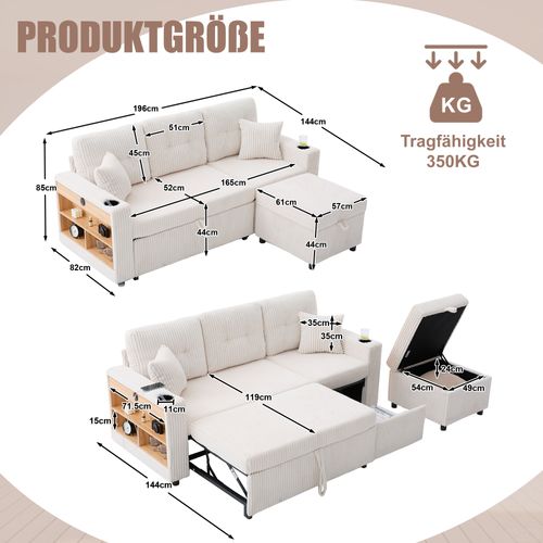 Canapé Convertible Moderne 3 Places 196x82x85 Cm, Rangement, Port USB, LED, Velours Côtelé Beige