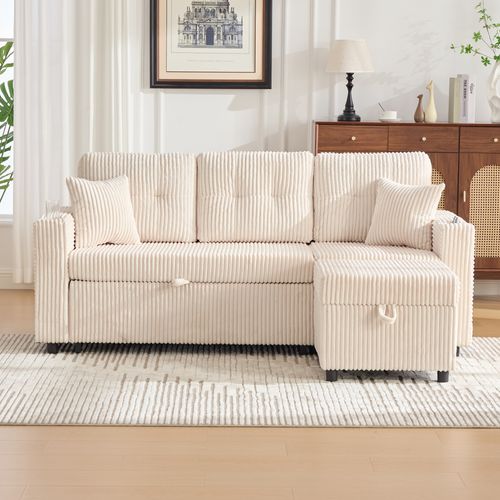 Canapé Convertible Moderne 3 Places 196x82x85 Cm, Rangement, Port USB, LED, Velours Côtelé Beige