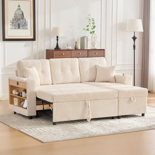 Canapé Convertible Moderne 3 Places 196x82x85 Cm, Rangement, Port USB, LED, Velours Côtelé Beige