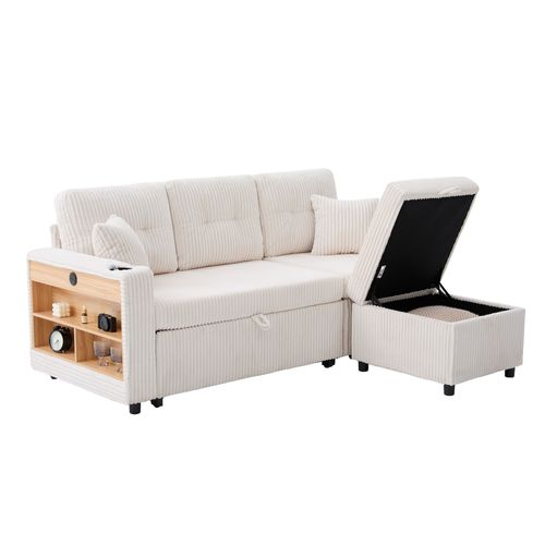 Canapé Convertible Moderne 3 Places 196x82x85 Cm, Rangement, Port USB, LED, Velours Côtelé Beige