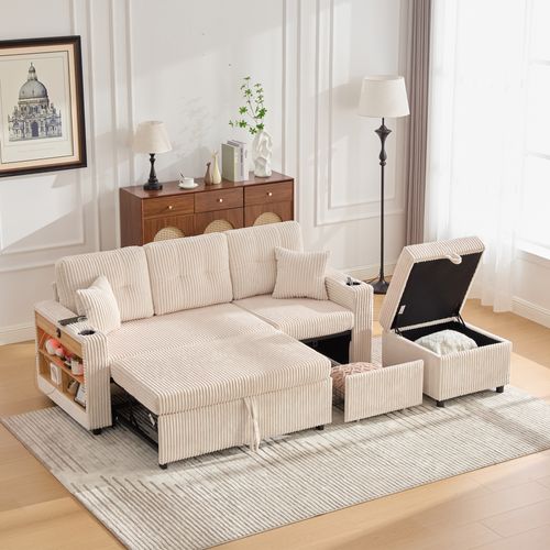 Canapé Convertible Moderne 3 Places 196x82x85 Cm, Rangement, Port USB, LED, Velours Côtelé Beige