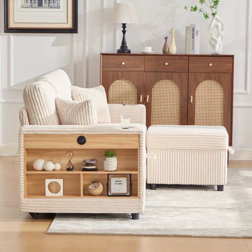 Canapé Convertible Moderne 3 Places 196x82x85 Cm, Rangement, Port USB, LED, Velours Côtelé Beige