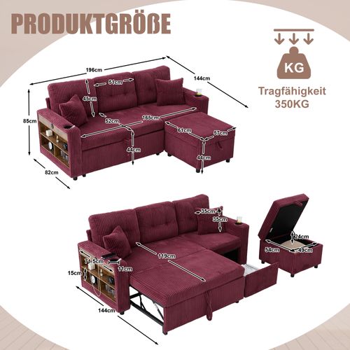 Canapé Convertible Moderne 3 Pl 196x82x85cm, Rangement, Port USB, LED, Velours Côtelé Bordeaux