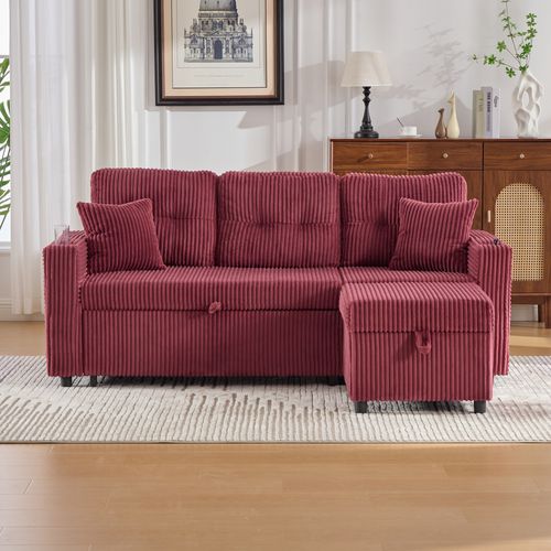 Canapé Convertible Moderne 3 Pl 196x82x85cm, Rangement, Port USB, LED, Velours Côtelé Bordeaux