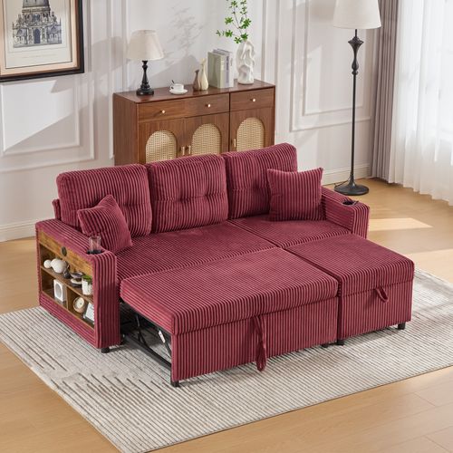 Canapé Convertible Moderne 3 Pl 196x82x85cm, Rangement, Port USB, LED, Velours Côtelé Bordeaux