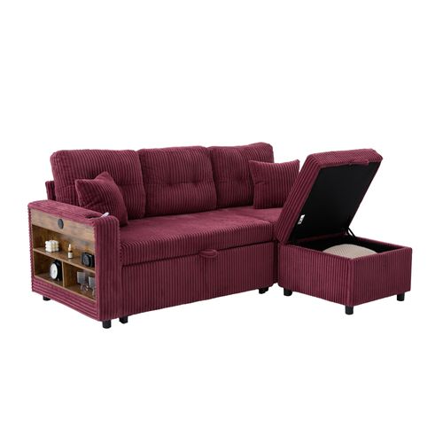 Canapé Convertible Moderne 3 Pl 196x82x85cm, Rangement, Port USB, LED, Velours Côtelé Bordeaux