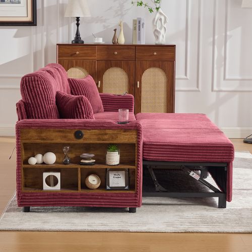 Canapé Convertible Moderne 3 Pl 196x82x85cm, Rangement, Port USB, LED, Velours Côtelé Bordeaux
