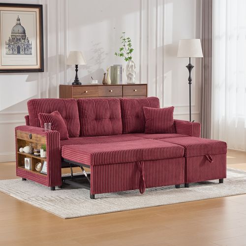 Canapé Convertible Moderne 3 Pl 196x82x85cm, Rangement, Port USB, LED, Velours Côtelé Bordeaux