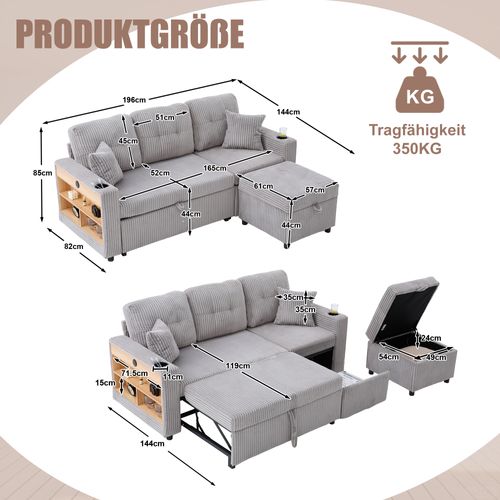 Canapé Convertible 3 Places 196x82x85 Cm, Rangement, Port USB, LED, Velours Côtelé Gris Clair