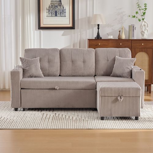 Canapé Convertible 3 Places 196x82x85 Cm, Rangement, Port USB, LED, Velours Côtelé Gris Clair