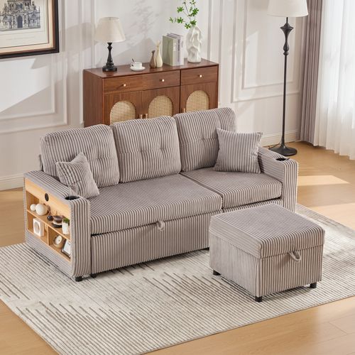 Canapé Convertible 3 Places 196x82x85 Cm, Rangement, Port USB, LED, Velours Côtelé Gris Clair
