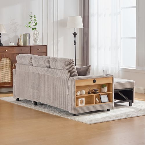 Canapé Convertible 3 Places 196x82x85 Cm, Rangement, Port USB, LED, Velours Côtelé Gris Clair