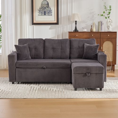 Canapé Convertible 3 Places 196x82x85 Cm, Rangement, Port USB, LED, Velours Côtelé Gris Foncé