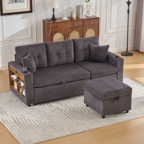 Canapé Convertible 3 Places 196x82x85 Cm, Rangement, Port USB, LED, Velours Côtelé Gris Foncé