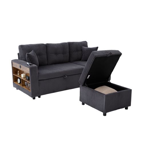 Canapé Convertible 3 Places 196x82x85 Cm, Rangement, Port USB, LED, Velours Côtelé Gris Foncé