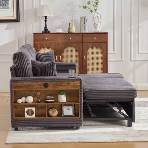 Canapé Convertible 3 Places 196x82x85 Cm, Rangement, Port USB, LED, Velours Côtelé Gris Foncé