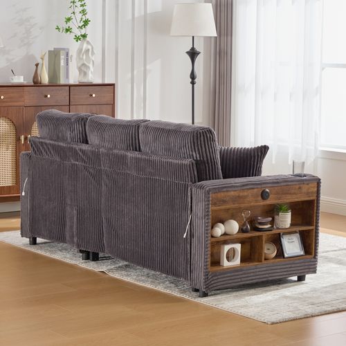 Canapé Convertible 3 Places 196x82x85 Cm, Rangement, Port USB, LED, Velours Côtelé Gris Foncé