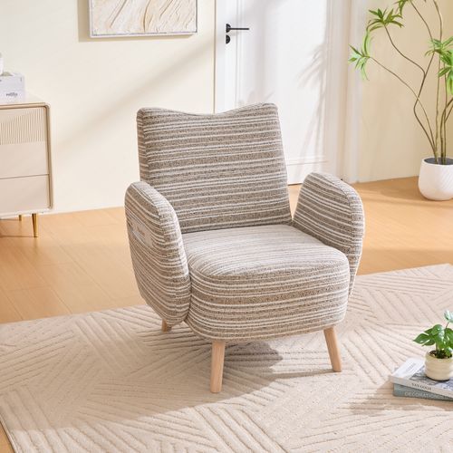 Fauteuil Moderne 81x77x87 Cm Avec Poche Latérale Et Pieds En Bois, Tissu Bouclette, Couleur Kaki