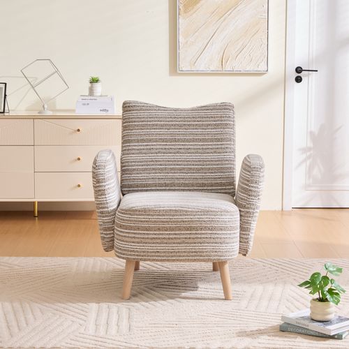 Fauteuil Moderne 81x77x87 Cm Avec Poche Latérale Et Pieds En Bois, Tissu Bouclette, Couleur Kaki