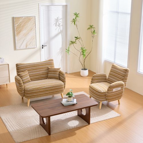 Canapé 2 Pl 121x81,5x87 Cm, Confort Mousse Haute Densité, En Bouclette, Jaune Moutarde