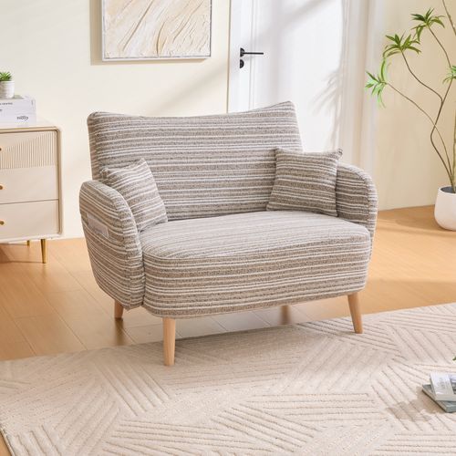 Canapé 2 Pl 121x81,5x87 Cm, Rangement Latéral, Assise Mousse Haute Densité, Tissu Bouclette, Kaki