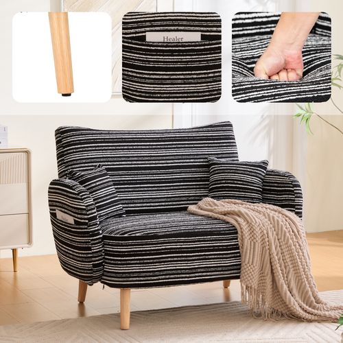 Canapé 2 Pl 121x81,5x87 Cm, Avec Rangement Latéral Et Coussins D'accoudoir, Bouclette, Noir