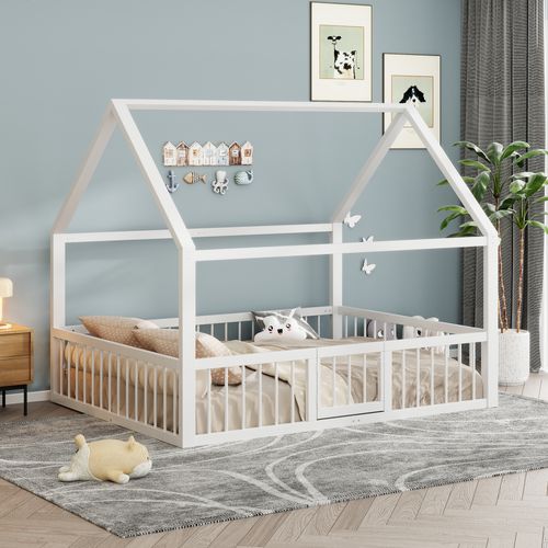 Lit Cabane 140x200 Cm, Cadre En Métal, Design Maison Toit, Barrières De Sécurité, Blanc